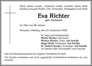 Traueranzeige von Eva Richter von Allgäuer Zeitung,Kempten
