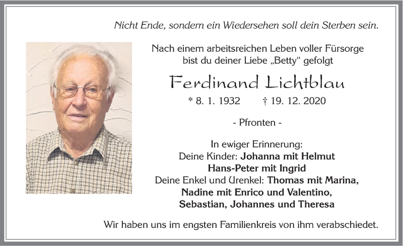  Traueranzeige für Ferdinand Lichtblau vom 24.12.2020 aus Allgäuer Zeitung, Füssen