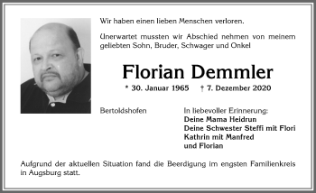 Traueranzeige von Florian Demmler von Allgäuer Zeitung, Marktoberdorf