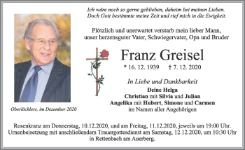 Traueranzeige von Franz Greisel von Allgäuer Zeitung, Marktoberdorf