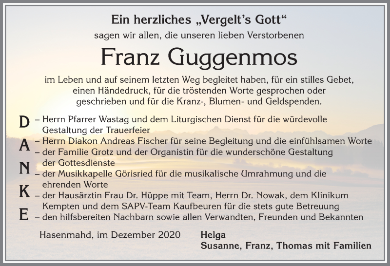  Traueranzeige für Franz Guggenmos vom 05.12.2020 aus Allgäuer Zeitung, Marktoberdorf