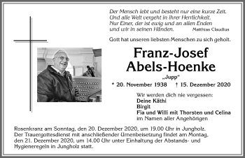 Traueranzeige von Franz-Josef Abels-Hoenke von Allgäuer Anzeigeblatt