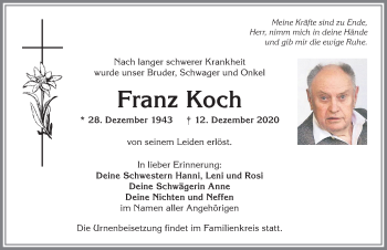 Traueranzeige von Franz Koch von Allgäuer Anzeigeblatt