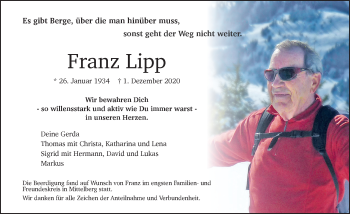 Traueranzeige von Franz Lipp von Allgäuer Zeitung,Kempten