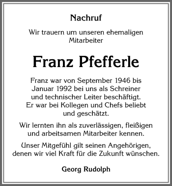 Traueranzeige von Franz Pfefferle von Allgäuer Zeitung, Marktoberdorf