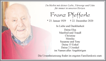 Traueranzeige von Franz Pfefferle von Allgäuer Zeitung, Marktoberdorf