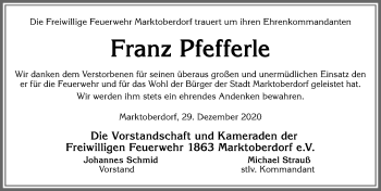 Traueranzeige von Franz Pfefferle von Allgäuer Zeitung, Marktoberdorf