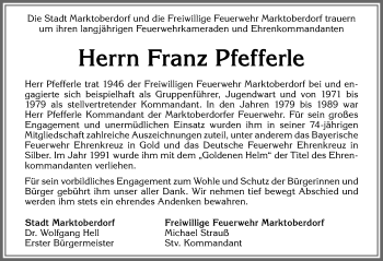 Traueranzeige von Franz Pfefferle von Allgäuer Zeitung, Marktoberdorf