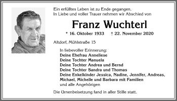 Traueranzeige von Franz Wuchterl von Allgäuer Zeitung, Marktoberdorf