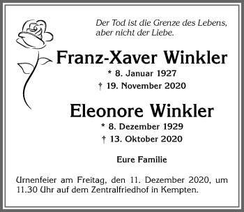 Traueranzeige von Franz-Xaver Winkler von Allgäuer Zeitung,Kempten
