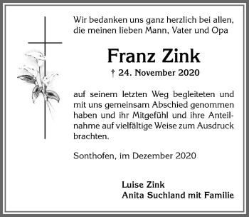 Traueranzeige von Franz Zink von Allgäuer Anzeigeblatt