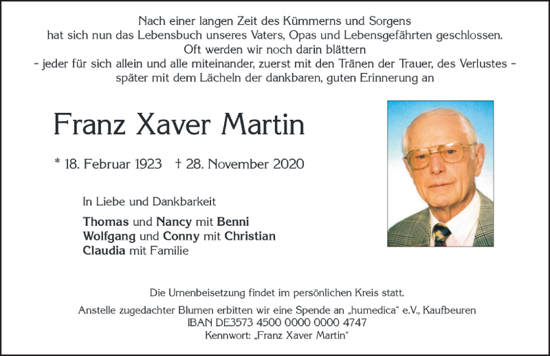  Traueranzeige für Franz Xaver Martin vom 05.12.2020 aus Allgäuer Zeitung, Marktoberdorf