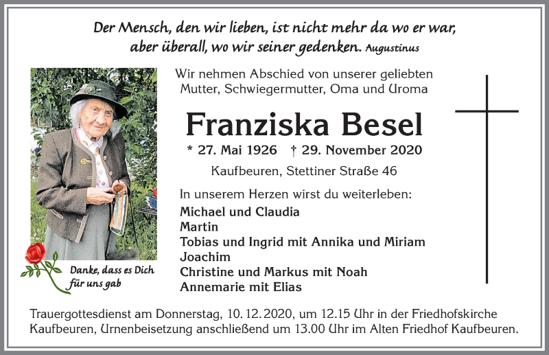  Traueranzeige für Franziska Besel vom 05.12.2020 aus Allgäuer Zeitung