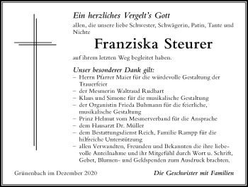 Traueranzeige von Franziska Steurer von Der Westallgäuer
