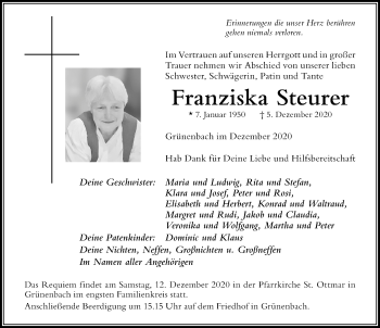 Traueranzeige von Franziska Steurer von Der Westallgäuer