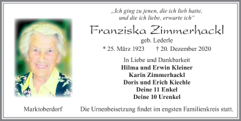 Traueranzeige von Franziska Zimmerhackl von Allgäuer Zeitung, Marktoberdorf