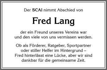 Traueranzeige von Fred Lang von Allgäuer Anzeigeblatt