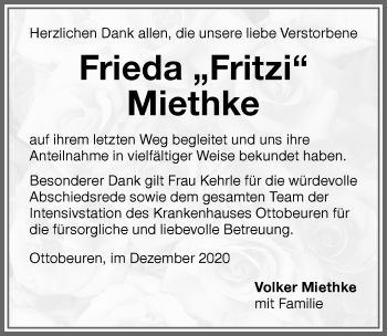 Traueranzeige von Frieda Miethke von Memminger Zeitung