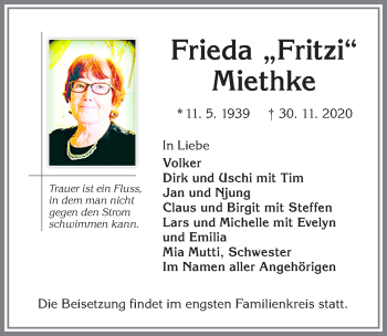 Traueranzeige von Frieda Miethke von Memminger Zeitung