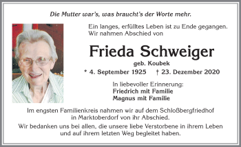 Traueranzeige von Frieda Schweiger von Allgäuer Zeitung, Marktoberdorf