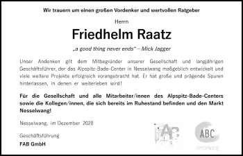 Traueranzeige von Friedhelm Raatz von Allgäuer Zeitung, Füssen