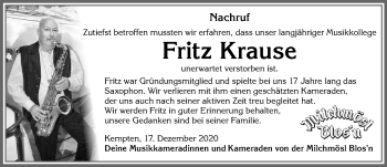 Traueranzeige von Fritz Krause von Allgäuer Zeitung,Kempten