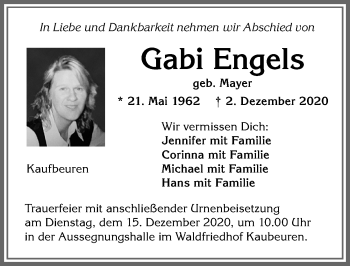 Traueranzeige von Gabi Engels von Allgäuer Zeitung, Kaufbeuren/Buchloe
