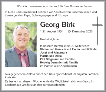 Traueranzeige von Georg Birk von Allgäuer Zeitung, Kaufbeuren/Buchloe