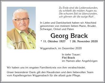 Traueranzeige von Georg Brack von Allgäuer Zeitung,Kempten