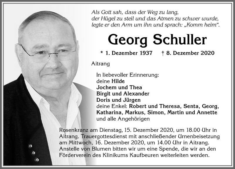  Traueranzeige für Georg Schuller vom 12.12.2020 aus Allgäuer Zeitung, Marktoberdorf