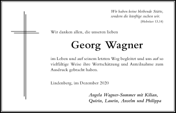 Traueranzeige von Georg Wagner von Der Westallgäuer
