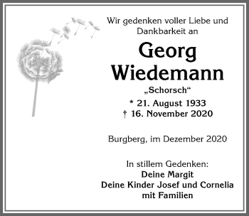 Traueranzeige von Georg Wiedemann von Allgäuer Anzeigeblatt