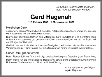 Traueranzeige von Gerd Hagenah von Memminger Zeitung