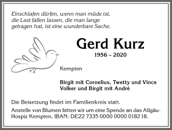 Traueranzeige von Gerd Kurz von Allgäuer Zeitung,Kempten