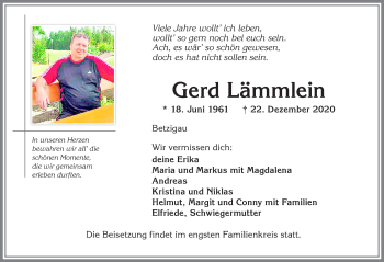Traueranzeige von Gerd Lämmlein von Allgäuer Zeitung,Kempten
