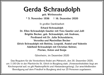 Traueranzeige von Gerda Schraudolph von Allgäuer Anzeigeblatt