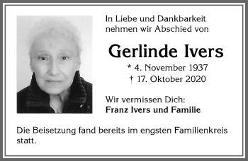 Traueranzeige von Gerlinde Ivers von Allgäuer Zeitung, Kaufbeuren/Buchloe