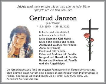 Traueranzeige von Gertrud Janzon von Allgäuer Zeitung, Marktoberdorf