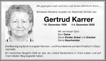Traueranzeige von Gertrud Karrer von Memminger Zeitung