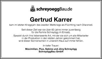 Traueranzeige von Gertrud Karrer von Memminger Zeitung