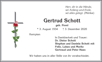 Traueranzeige von Gertrud Schott von Allgäuer Zeitung,Kempten