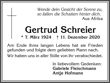 Traueranzeige von Gertrud Schreier von Allgäuer Zeitung, Kaufbeuren/Buchloe