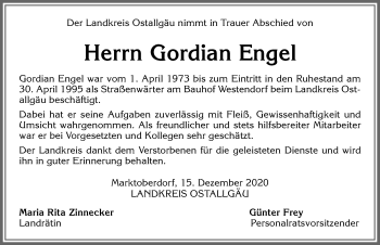 Traueranzeige von Gordian Engel von Allgäuer Zeitung, Marktoberdorf