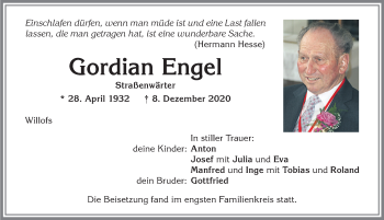 Traueranzeige von Gordian Engel von Allgäuer Zeitung, Marktoberdorf