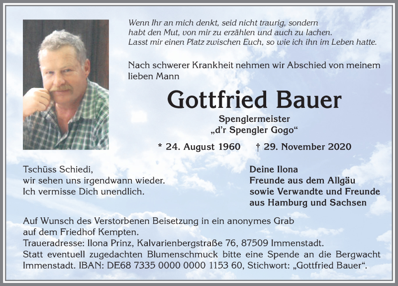  Traueranzeige für Gottfried Bauer vom 02.12.2020 aus Allgäuer Anzeigeblatt