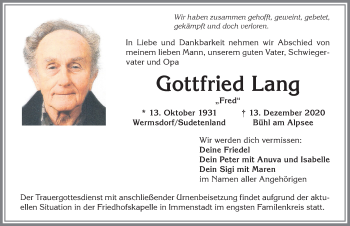 Traueranzeige von Gottfried Lang von Allgäuer Anzeigeblatt