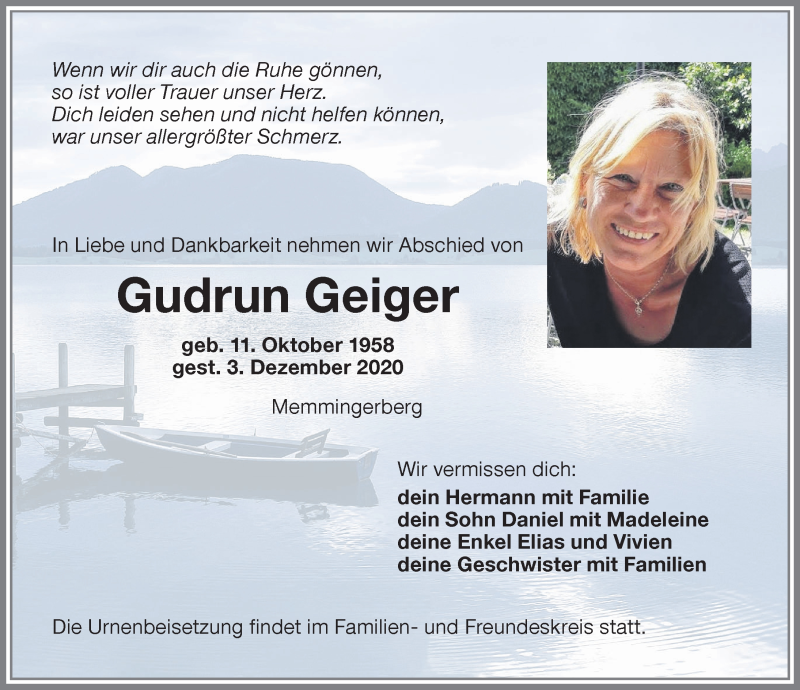  Traueranzeige für Gudrun Geiger vom 10.12.2020 aus Memminger Zeitung