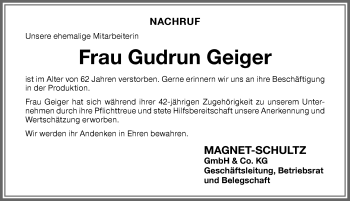 Traueranzeige von Gudrun Geiger von Memminger Zeitung