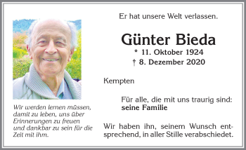 Traueranzeige von Günter Bieda von Allgäuer Zeitung,Kempten