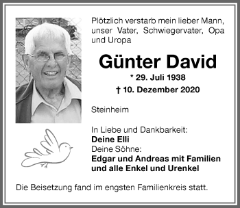 Traueranzeige von Günter David von Memminger Zeitung